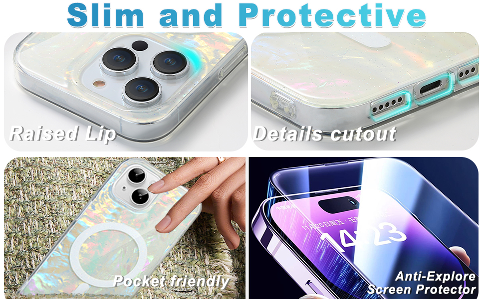iphone 15 magsafe women girl case bling opal pearly shiny with 1 iPhone 15 screen protector