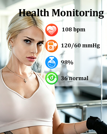 Text reads: 'Health Monitoring' with health metrics displayed: '108 bpm', '120/60 mmHg', '99%', '36 normal'. Woman wearing white sports bra with smartwatch showing vital signs monitoring interface with heart rate, blood pressure, oxygen, and temperature indicators.
