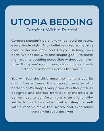 Text reads 'UTOPIA BEDDING', 'Comfort Within Reach!'. Extended product description text about bedding comfort and company philosophy on blue rounded background. Marketing content for bedding brand.