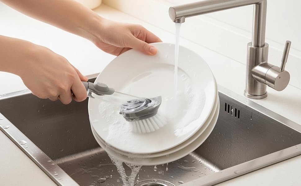 dish washing brush cleaning made easy with soap dispensing feature