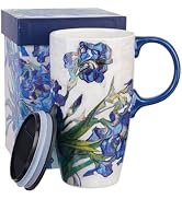 Topadorn Coffee Ceramic Mug Porcelain Latte Tea Cup With Lid 17oz. Iris