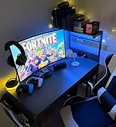 Grandder Gaming Desk 47 Inch with Power Outlet and LED Light, Computer Desk with Reversible Shelv...