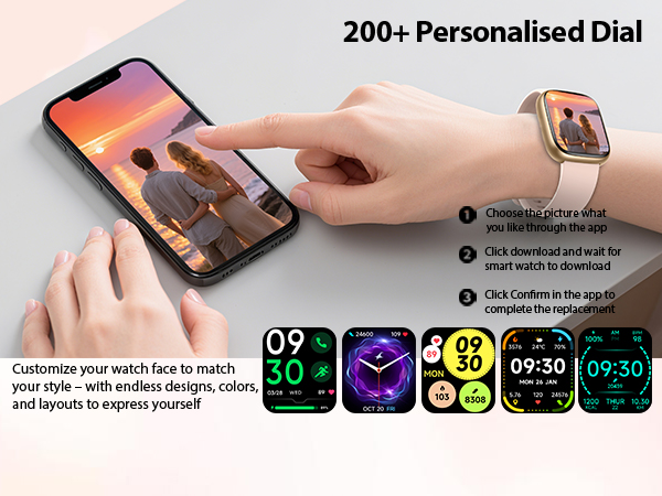 Text reads '200+ Personalised Dial'. Series of smartwatch interface screens showing different digital watch face designs with various colors and layouts.