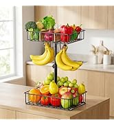 NANAGIFTREE Fruit Basket for Kitchen Countertop, 2-Tier Fruit Bowl with Removable Banana Hooks, 4...