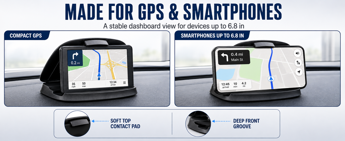 GPS and cell phone holder for car dashboard, fits smartphones up to 6.8 in for hands-free viewing