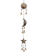 Mie Creations Sun Moon Star Face Wall Hanging Décor Chime Bells | Metal Cutouts Ornaments, Cresce...