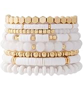 GOOJIDS Surfer Heishi Clay Bead Bracelets for Women Bohemian Stackable Gold Beaded Stretch Bracel...