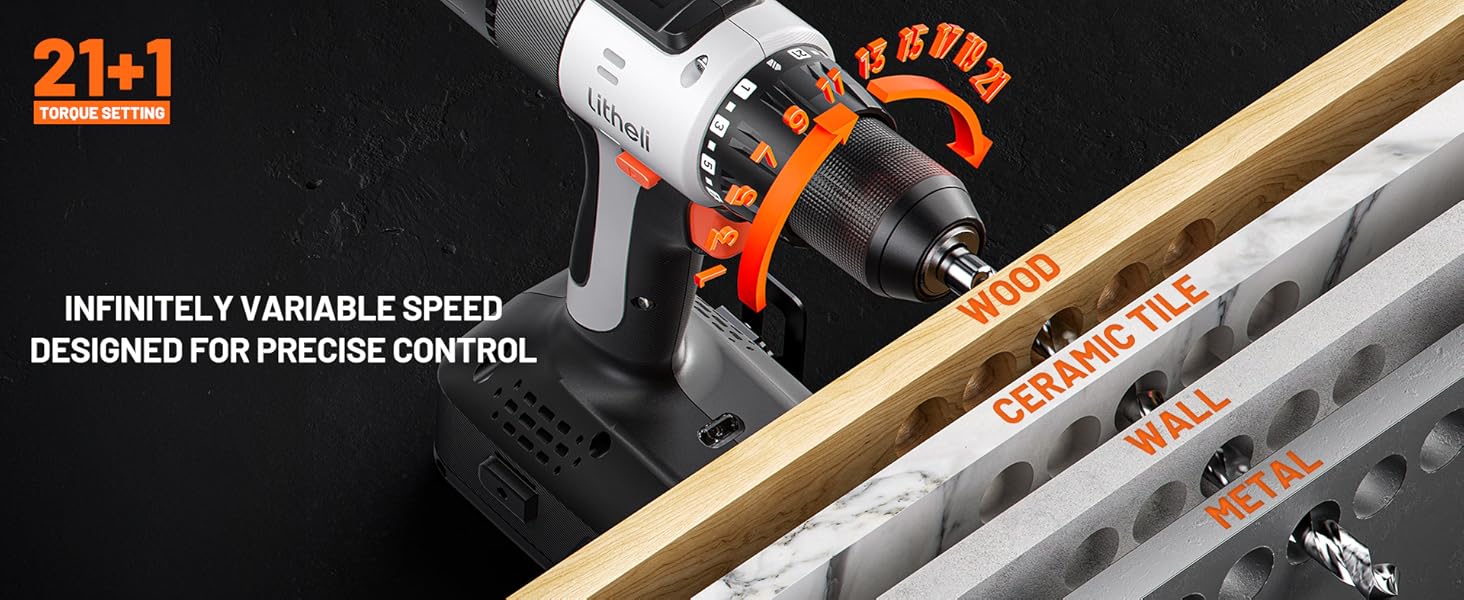 Close-up of a power tool mechanism showing variable speed control with orange indicator markings and technical specifications.