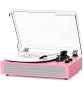 MANGOSTAN Pink Vinyl Record Player, 3-Speed Belt-Driven Turntable with Bluetooth Input, Dual Ster...