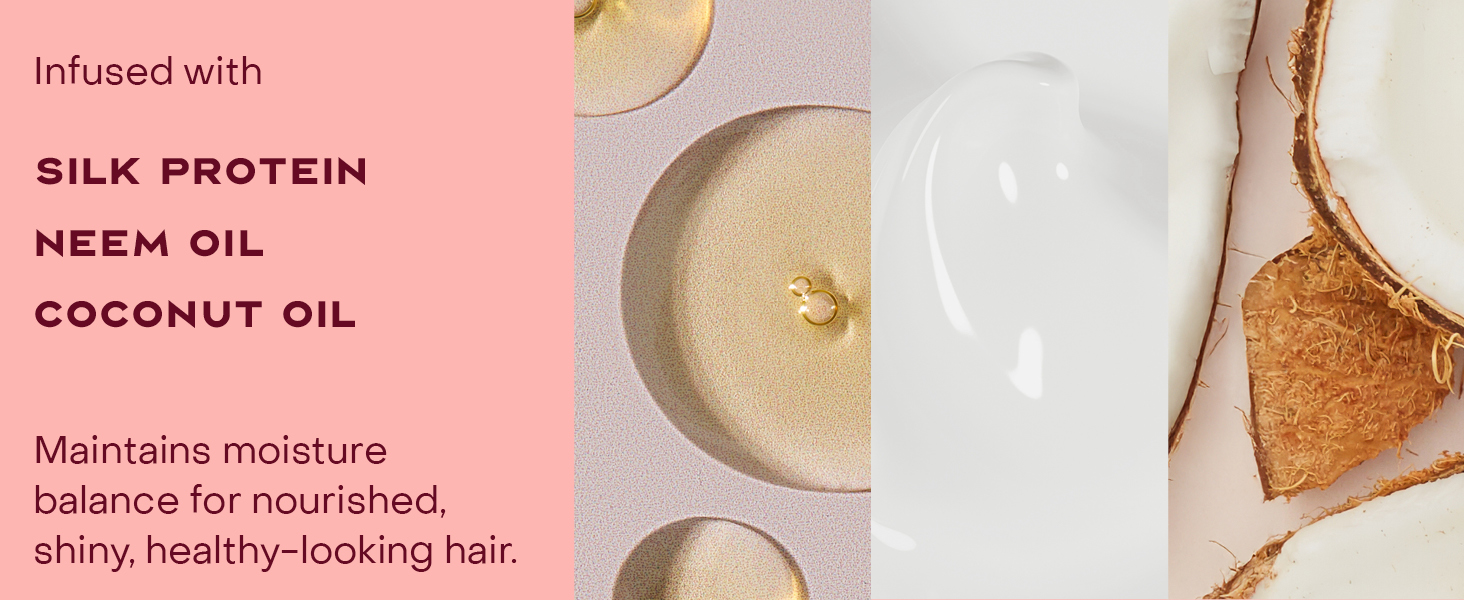 Image of formula infusion ingredients: silk protein, neem oil, and coconut oil.