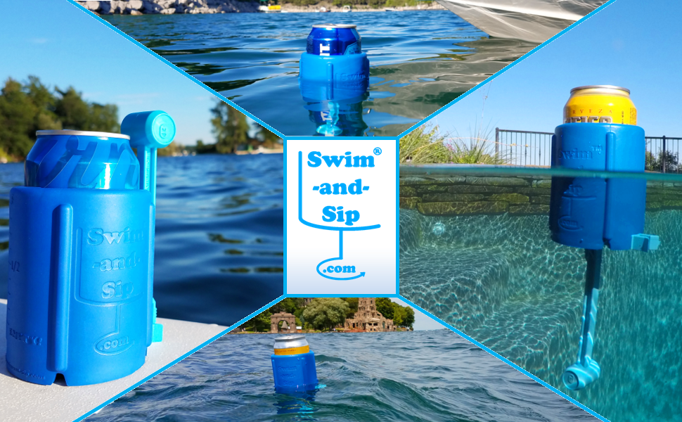 A mosaic graphic that shows the Swim and Sip both afloat and on a boat