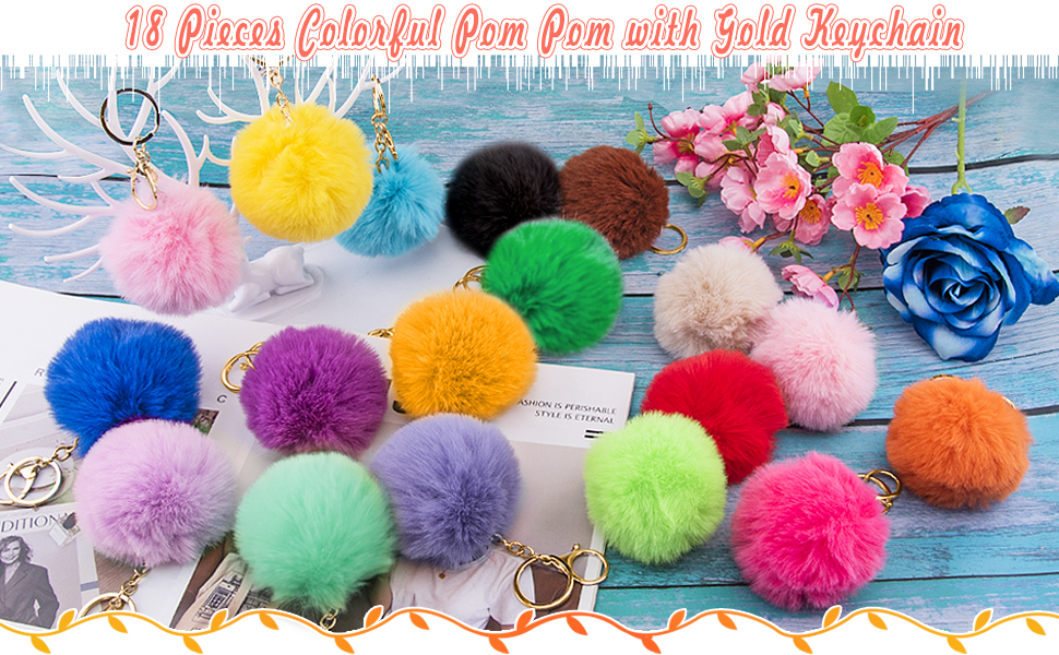 18 pieces pom poms keychains in 18 different colors, bright and beautiful