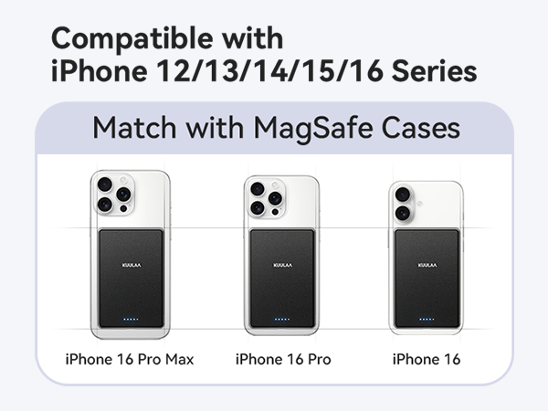 Magnetic battery pack compatible with iPhone 12 to 16 series, designed to work with MagSafe cases. Shown attached to iPhone 16 Pro Max, 16 Pro, and 16 models.
