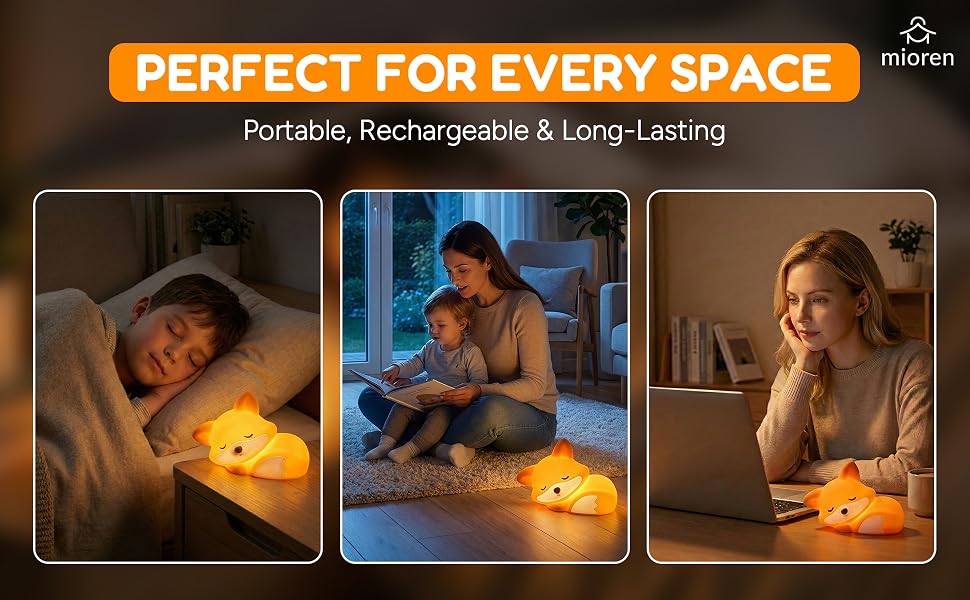 Fox night light used in bedroom, living room and desk settings showing versatile everyday use
