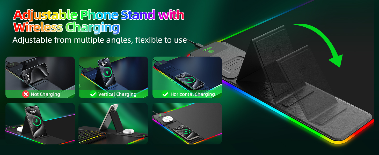 Mouse Pad with Adjustable Phone Holder and Wireless Charging