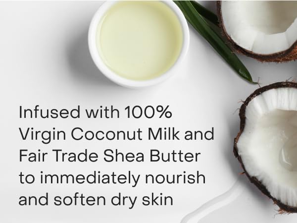 Images of sliced coconuts and their milk next to text about nourishing dry skin.