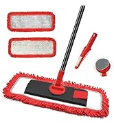Red microfiber floor mop set with adjustable handle, two replacement pads, small brush attachment, and circular cleaning pad holder.