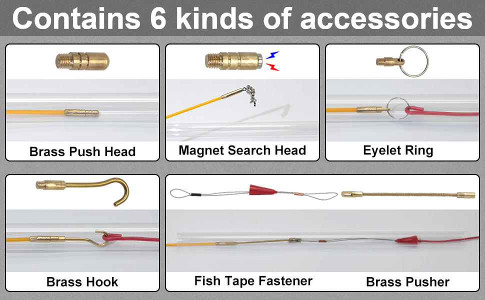 Fiberglass Running Electrical Wire Cable Pulling Fish Tape Kit with 5 Different Attachments