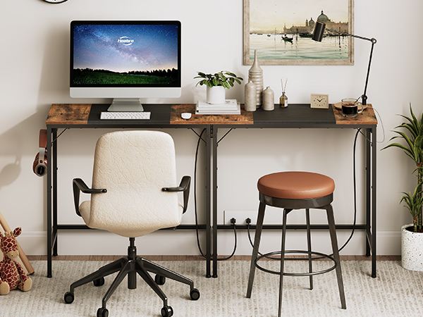Computer Desk, Home Office Desk with Power Outlet, Modern Study Writing Desk