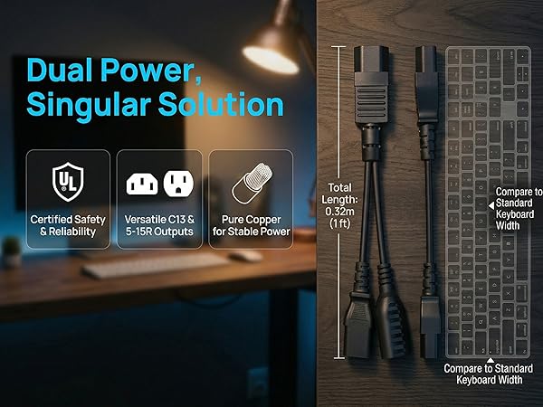 C14 to C13+5-15R Y Split Short Power Adapter Cord