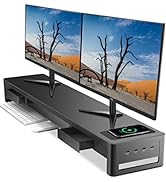 Meatanty 3 In 1 Dual Monitor Stand Riser with 2 Drawers and 4 USB Ports,Metal Computer Monitor St...