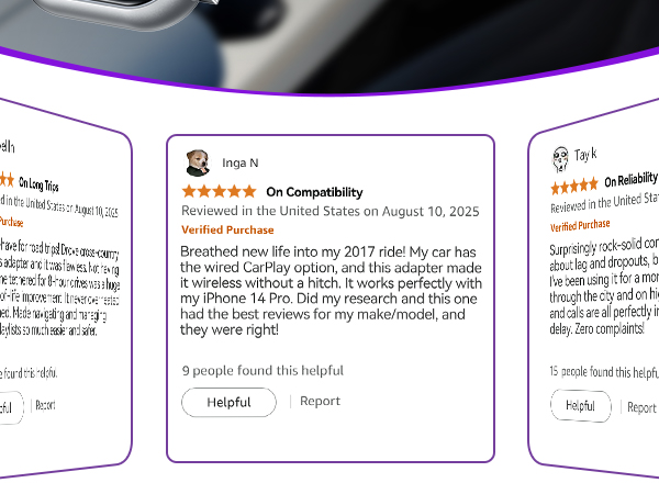 User feedback for wireless CarPlay adapter showing reliable connection and compatibility