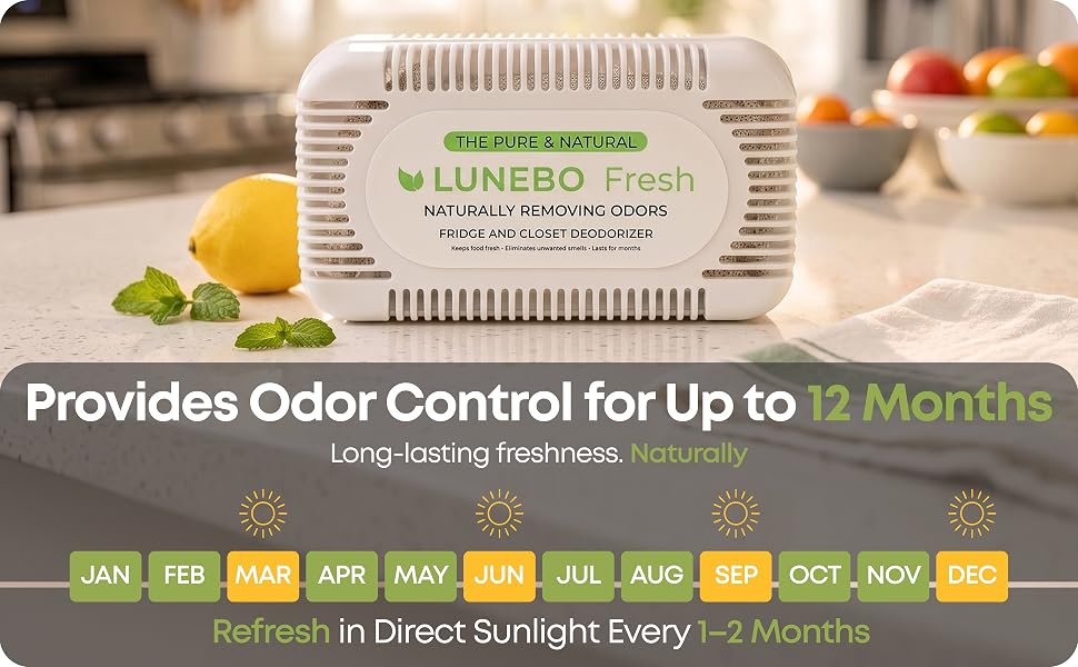 LUNEBO Fresh with 12-month odor control and 1–2 month sunlight recharge schedule.