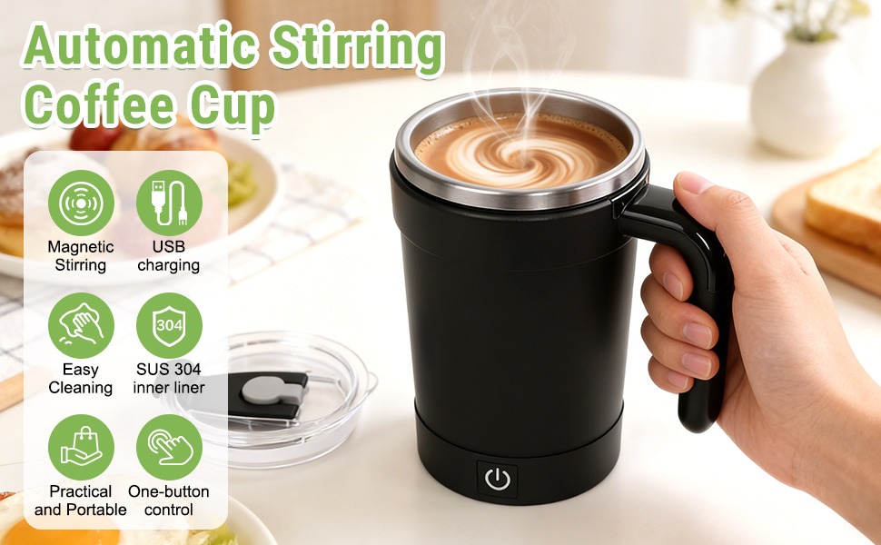 Automatic Magnetic Stirring Coffee Mug, Rechargeable Self Stirring Coffee Cup with Leak-Proof Lid