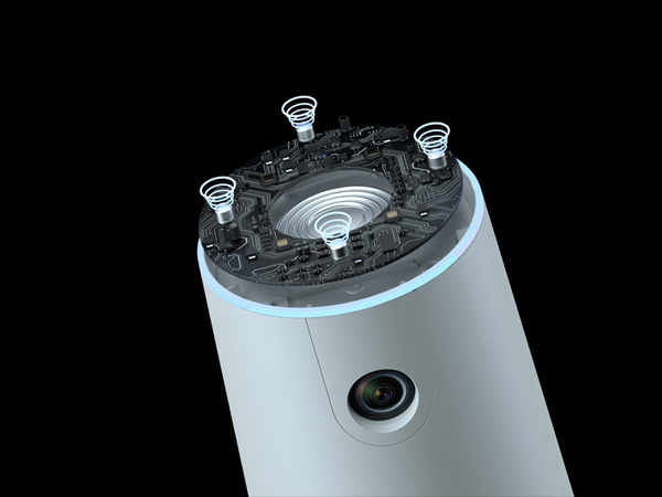 Cutaway view of a cylindrical device with a camera lens. Interior shows complex circuitry and multiple spring-like structures.