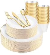 WDF 150Pcs White and Gold Plastic Plates - Gold Plates Disposable - 25 Guest Disposable Dinnerwar...