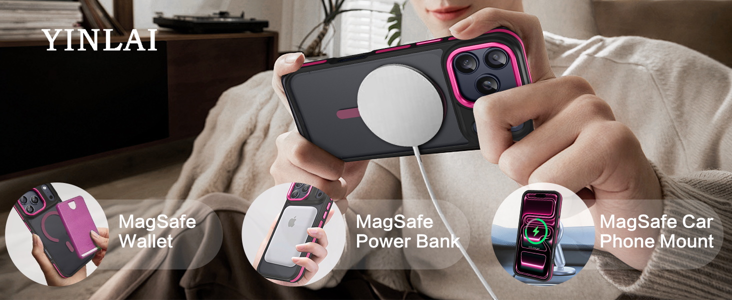 YINLAI Magnetic Phone Case for iPhone 17 Pro Max Black Hot Pink_YL5668_01