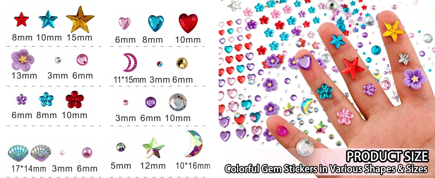 These gem stickers come in various colors and shapes: red, green, blue, purple, orange, and more