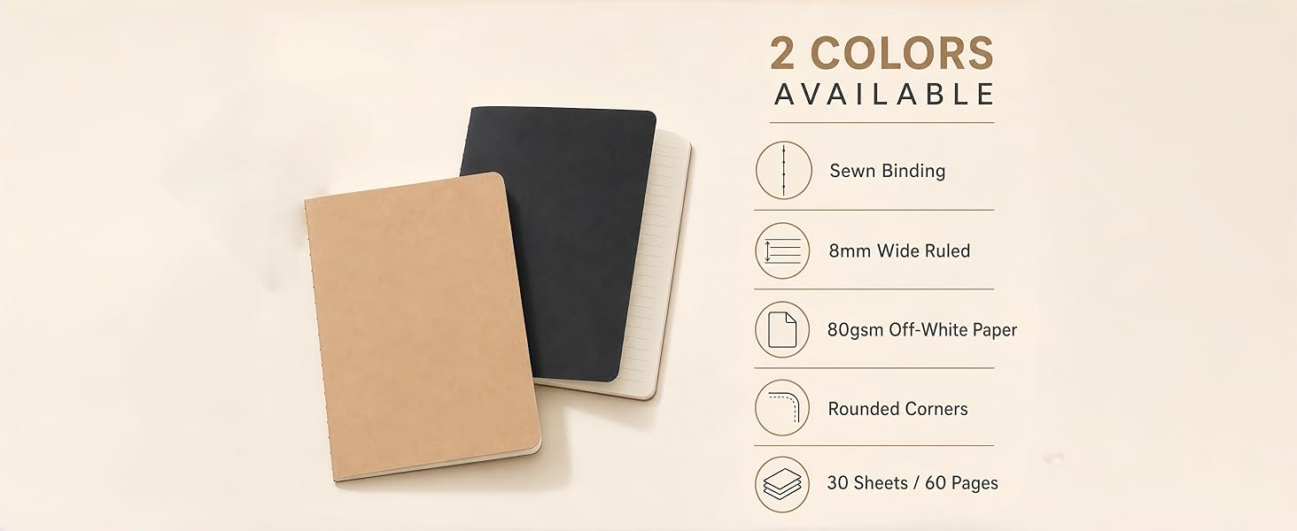 2 COLORS Wide Ruled 80gsm Off-White Paper Rounded Corners 60 Pages