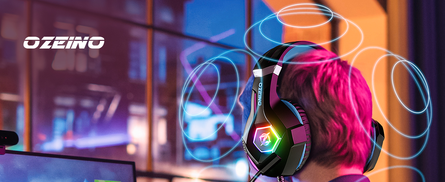Ozeing gaming headset with RGB lighting effects, shown against a blurred neon background with circular light patterns.