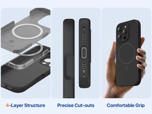 Text reads '4-Layer Structure, Precise Cut-outs, Comfortable Grip'. Three views of black protective case showing layered internal structure, slim profile, and handheld demonstration.