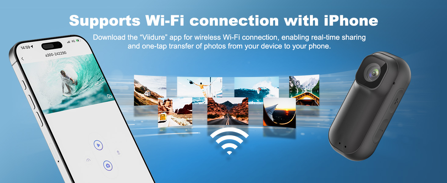 Text reads: 'Supports Wi-Fi connection with iPhone'. Series of product interface screenshots showing wireless connectivity features with mobile device integration.