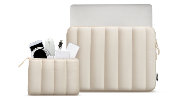 Beige quilted laptop sleeve with matching smaller pouch, containing various electronic accessories visible inside the open pouch.