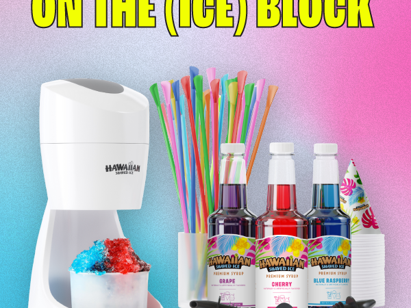 fluffy shaved ice complete with flavors and cups