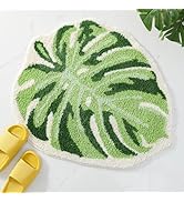 Litabel Green Leaf Bath Mat for Bathroom, Cute Non Slip Monstera Shaped Plush Tufted Rug, Soft Ab...