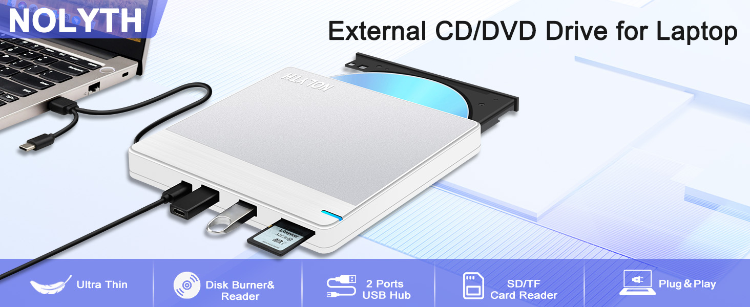 NOLYTH external USB 3.0 Type-C CD/DVD drive offers USB 3.0 and USB-C cable, 1 SD/TF and 2 USB ports.