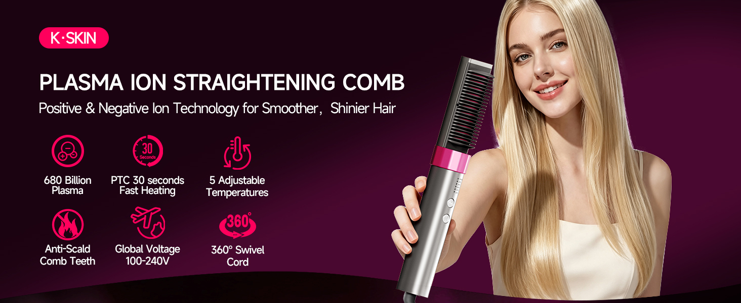 KSKIN Plasma Hair Straightener Brush, Ceramic Heated Straightening Comb