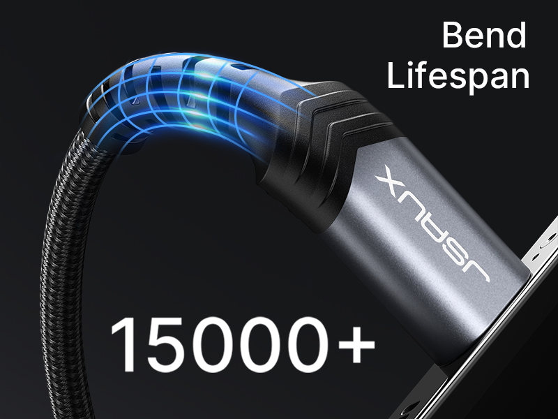 Close-up of a black cable with blue glowing pattern. Text 'Bend Lifespan 15000+' and 'Xnbsn' visible on cable.