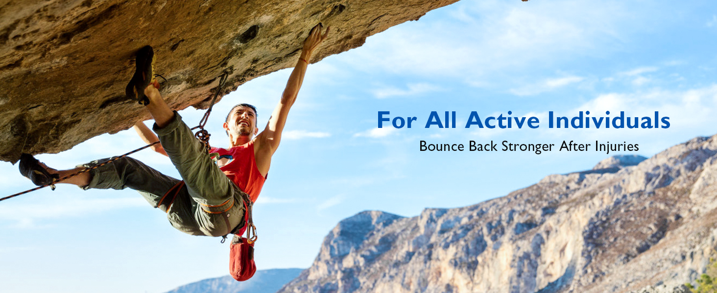 Text reads: 'For All Active Individuals'. Scenic outdoor mountain landscape with water view, appears to be promotional adventure or travel imagery.