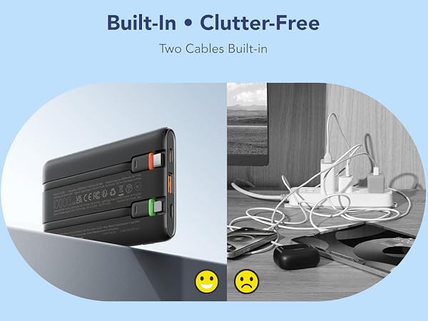 Slim 10000mAh Power Bank with Built-in Cables (USB Type C &amp;amp;amp; Lightning Cable)