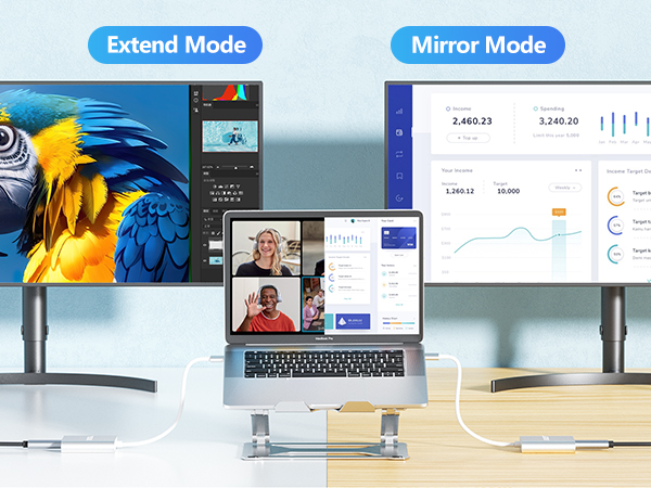 Two laptop screens showing 'Extend Mode' and 'Mirror Mode' display options. Extend Mode shows different content, Mirror Mode shows identical screens.