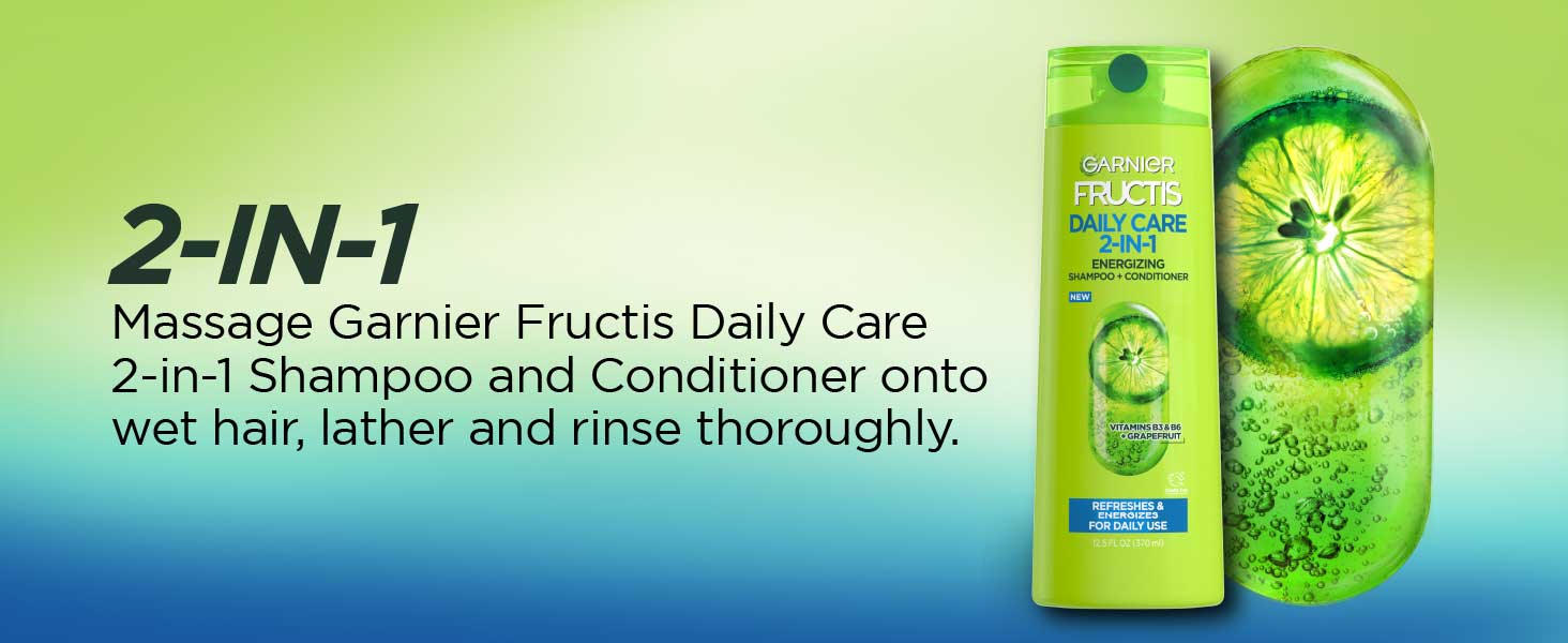 2-in-1, massage garnier fructis daily care 2-in-1 shampoo and conditioner onto wet hair