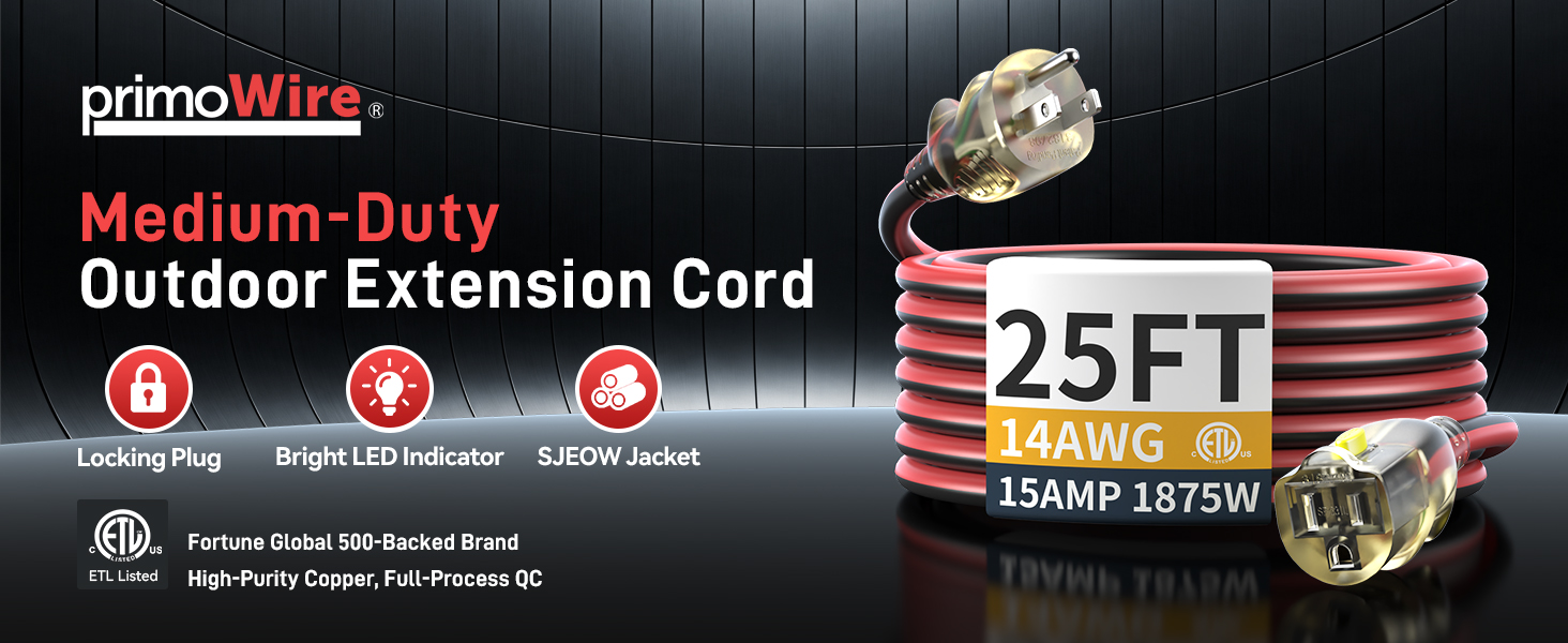 25FT Medium Duty Outdoor Extension Cord