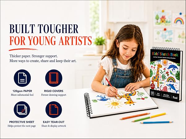 Fuxi kids sketch book using 9 x 12 drawing sheets, rigid covers, top spiral and tear-out pages.