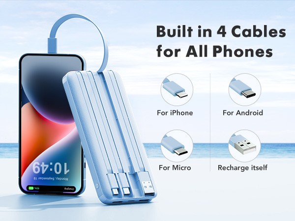 Multi-cable charging solution featuring four built-in connectors for iPhone, Android, and Micro devices, with self-recharging capability. Shown with a smartphone and blue connector icons.