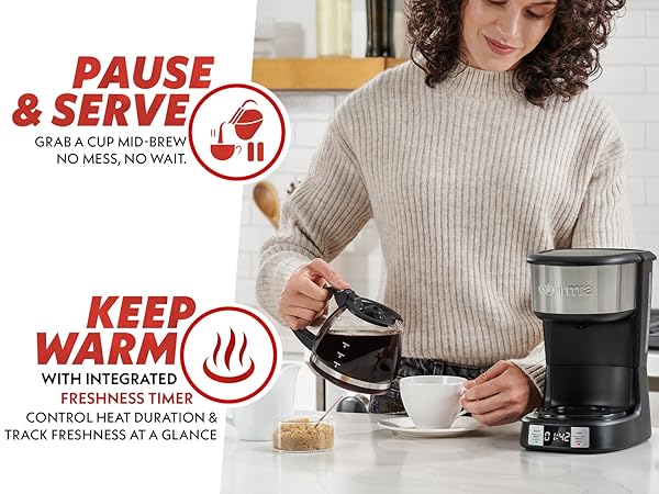 pause and serve grab a cup mid brew no mess no wait keep warm integrated freshness timer control